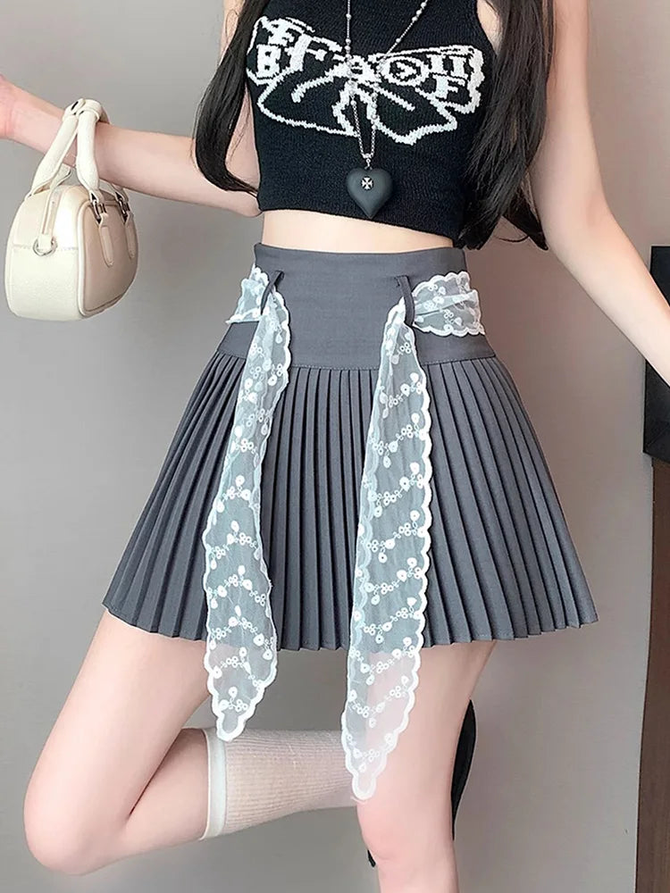 Lace Belt Pleated Skirt Women Sweet High Waist Sexy Mini Skirts Korean Fashion Casual Preppy Style Cute A Line Dance Skirt voguable
