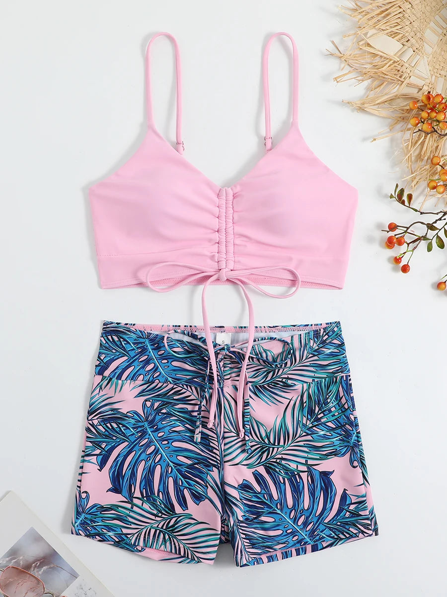 Voguable  Tropical Print Drawstring Bikini Women High Waist Swimsuit Tie Front Shorts Swimwear Female Bathing Suit Swimming Summer voguable