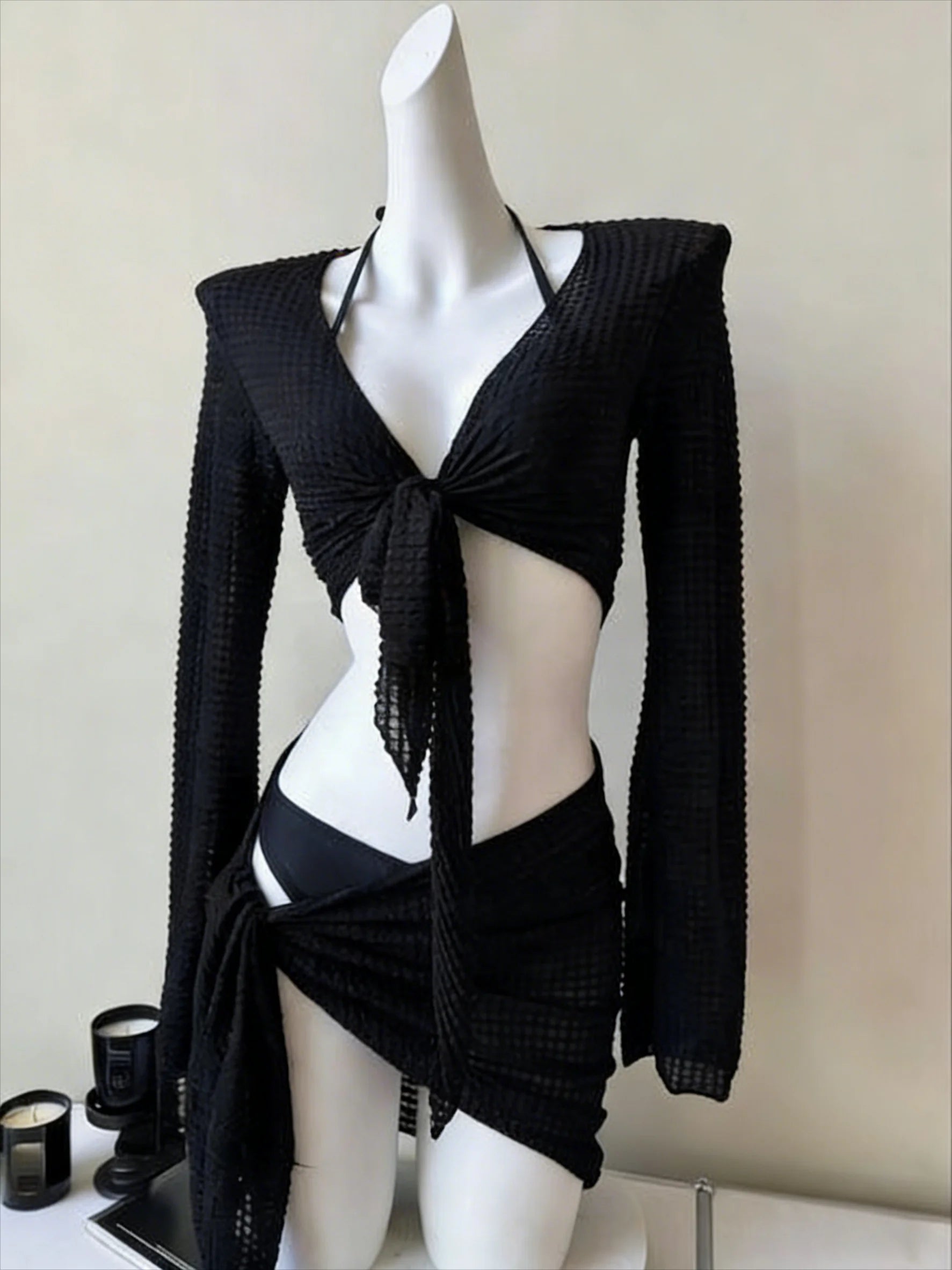 Voguable  Sexy Stylish Lace Up Cut Out 3 Piece Bikini Set Women High Stretch Quick Dry Trendy Beach Outfit Summer Vacation Swimwear New voguable