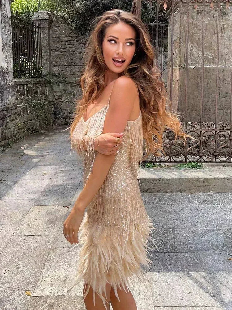 Taruxy Tassel Sequins Dress Women Elegant Feather Spaghetti Straps Mini Dresses Summer Sexy Party Club Evening Dresses Vestidos voguable