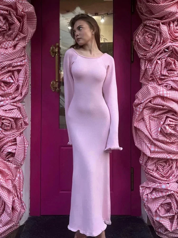 TARUXY Knitted Backless Long Dress For Women Ruffled Lace Up High Waist Maxi Dresses Femme Party Elegant Bandage Fashion Dress voguable