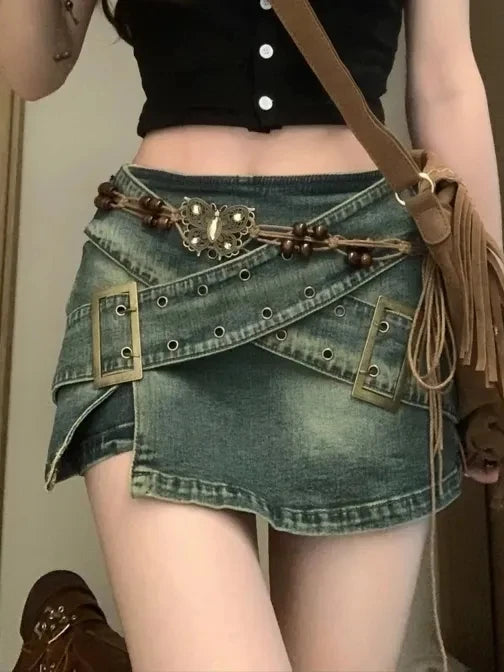Voguable  Vintage Oversize Washed Old Denim Skirts Women New Summer Spice Girl Irregular A- Line Wide Leg Female Blast Street Denim Skirt voguable