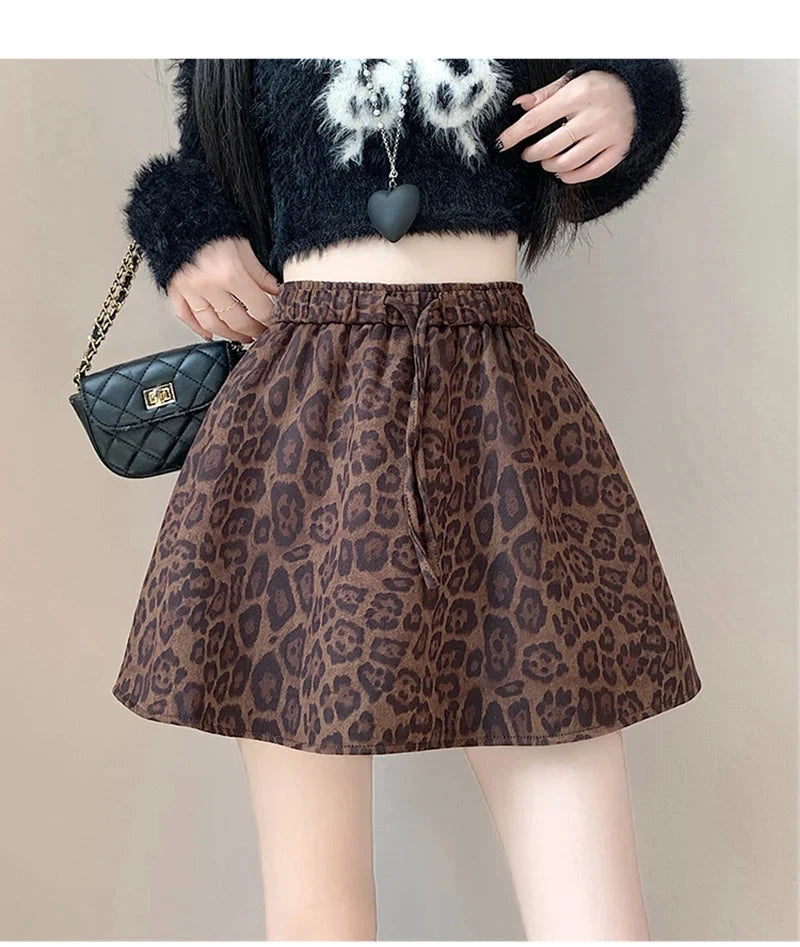 Y2K Leopard Mini Skirt Women High Waist Faux Suede Fabric A Line Skirts Streetwear Fall Winter Loose Vintage Sexy Skirts voguable