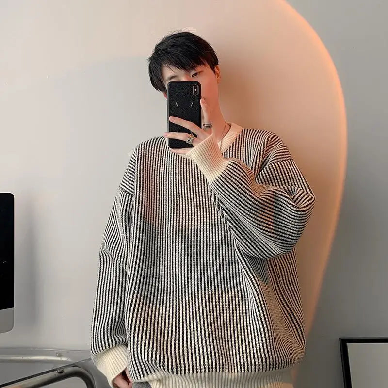 Voguable Striped Knitted Sweater Coat Men Japanese Oversize Casual Autumn Winter Loose O-neck Pullovers for Man Streetwear voguable