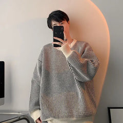 Voguable Striped Knitted Sweater Coat Men Japanese Oversize Casual Autumn Winter Loose O-neck Pullovers for Man Streetwear voguable