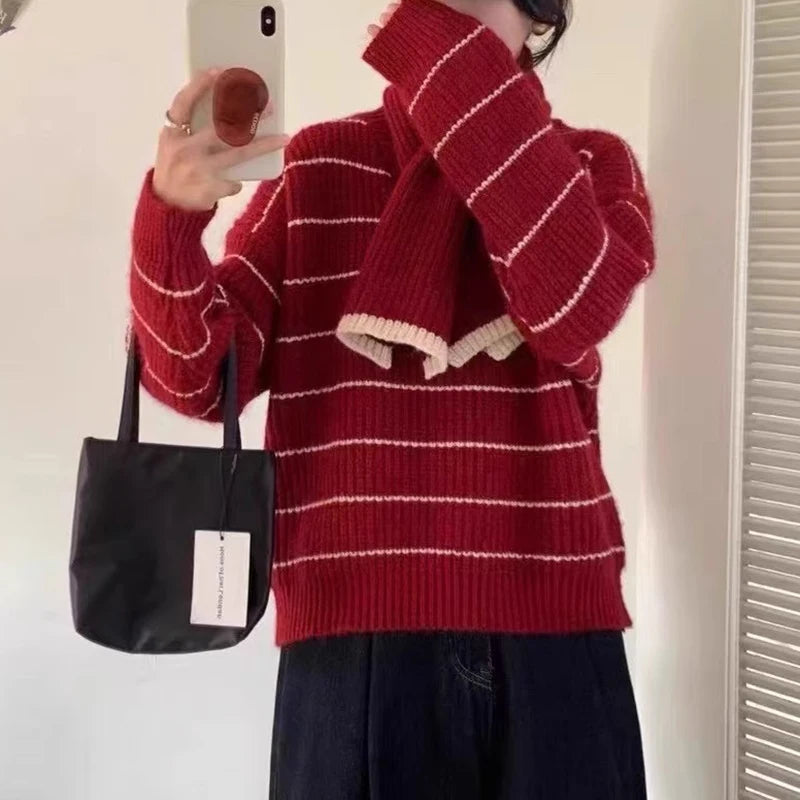 Women's Striped Sweater with Scarf Chunky Knit Loose-fit V-Neck Pullover Striped Jumper Ladies Autumn Winter Classic Chic Outfit voguable