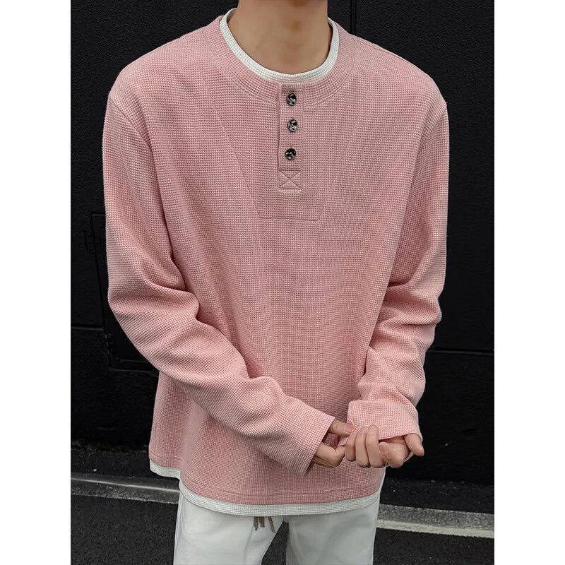 Spring Long Sleeved T-shirt Men Fashion Solid Color Checkered T Shirt Men Streetwear Korean Loose Round Neck T Shirt Mens Top voguable