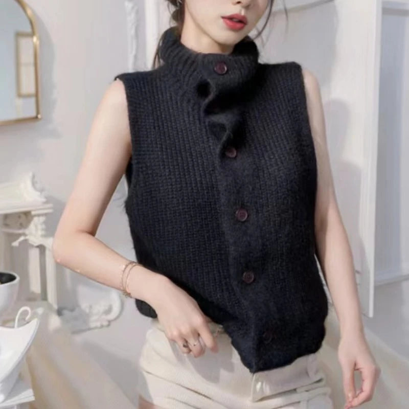 Button Up Sweater Vest for Women Soft Comfy High Neck Sleeveless Knit Vest Slouchy Knitwear Female Autumn Winter Casual Outfit voguable