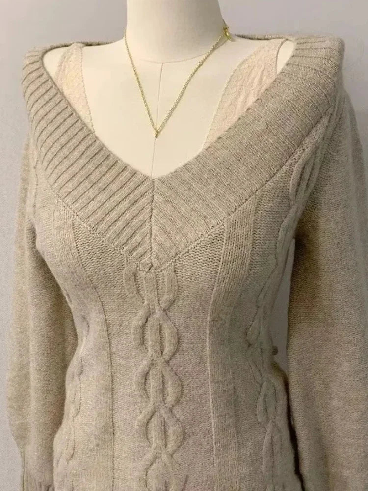 Sexy Elegant V-neck Knitted Pullover Women Black Y2k Fashion Long Sleeve Sweaters Simple Casual Slim Aesthetics Tops voguable