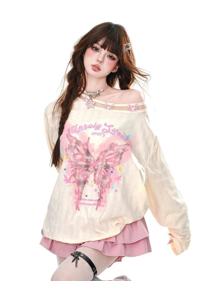 Streetwear Bufferfly T Shirt Women Loose Hollow Out Long Sleeve Vintage Tees American Sweet Casual Oversize Letter New Tops voguable