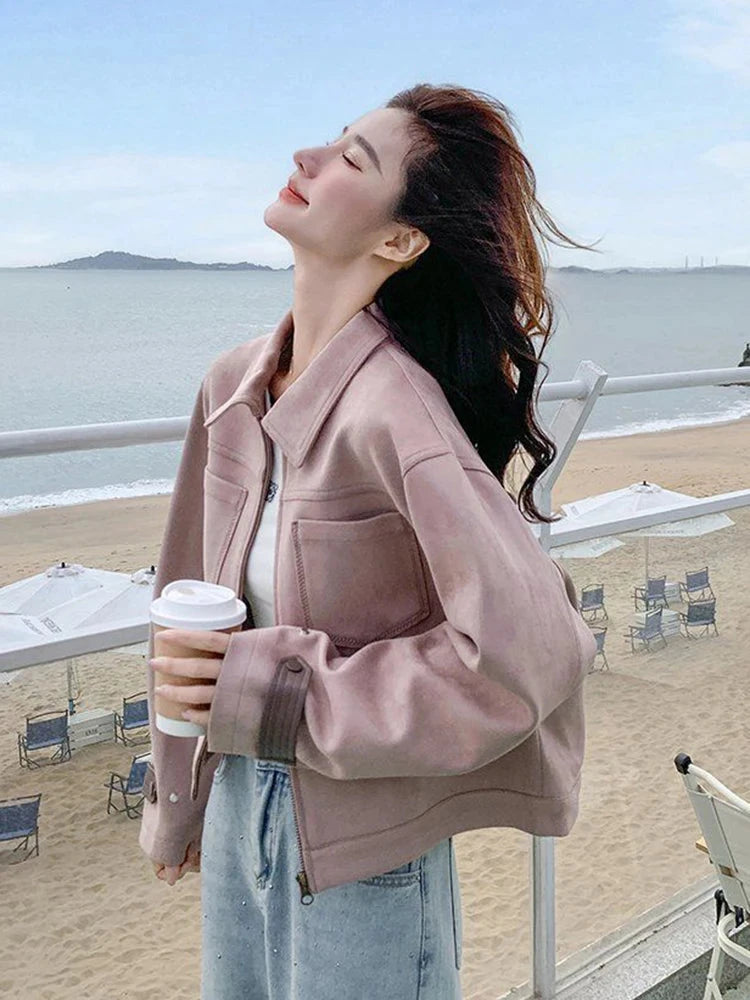 Pink Y2K Faux Suede Jacket Women Vintage Streetwear Long Sleeve Loose Coat Korean Casual Harajuku Fall Winter Outwear Tops voguable