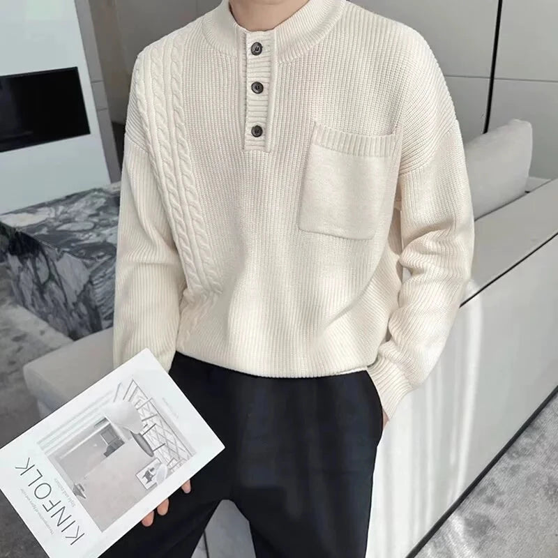 Korean Popular Men's Henry Collar Sweater Light Luxury Knit Long Sleeve Button Pullover Trending Jacquarded Solid Color Knitwear voguable