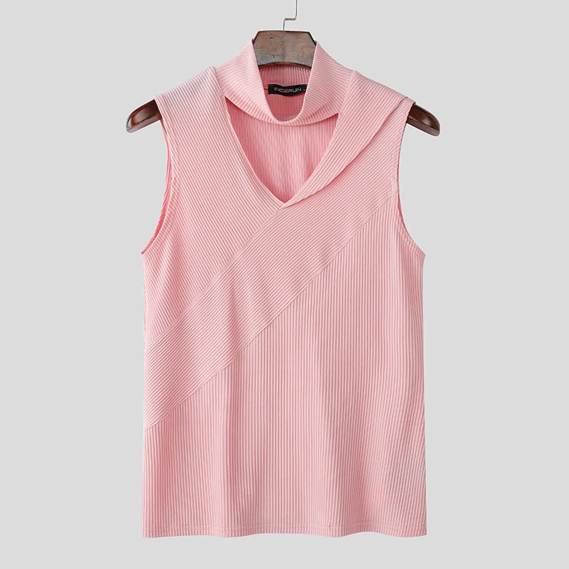 Summer Men Tank Tops Solid Color Knitted Turtleneck Sleeveless Male Vests Tops Hollow Out Sexy Men Clothing Streetwear voguable
