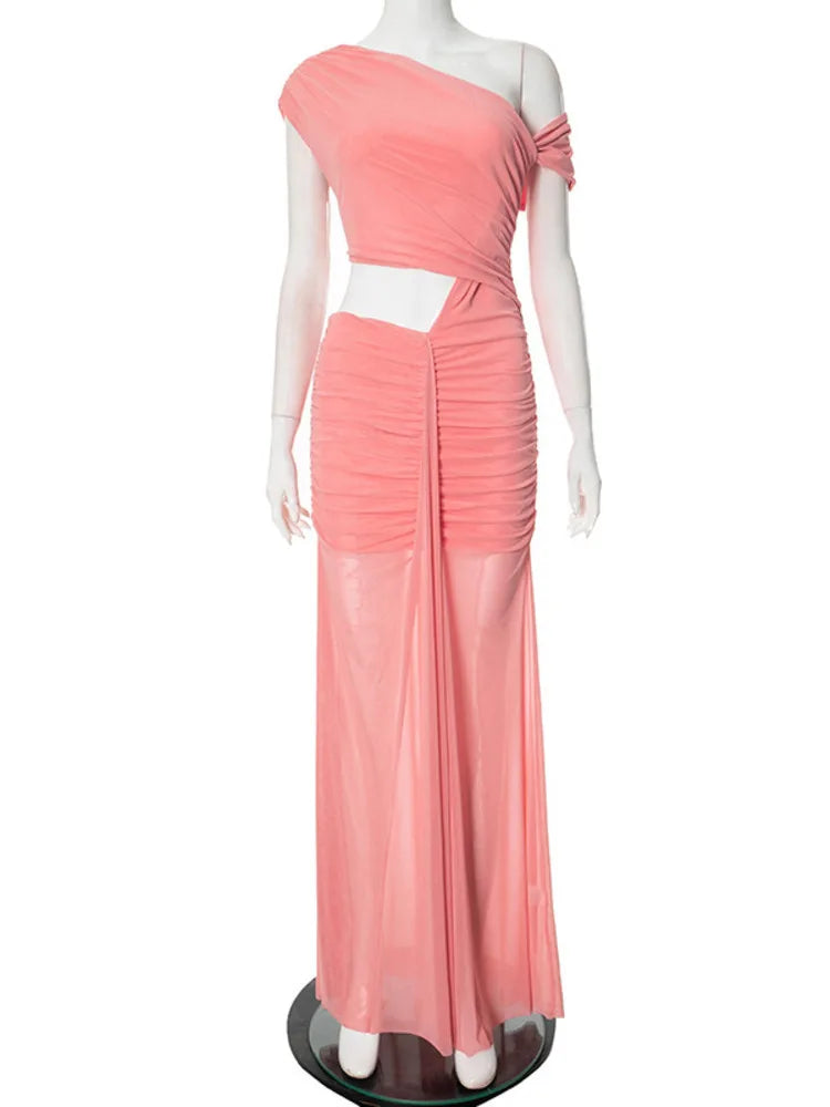 Sexy Sleeveless Hollow Out Pleated Patchwork Maxi Dress For Women High Waist Off-shoulder Slim Club Party Long Dress voguable