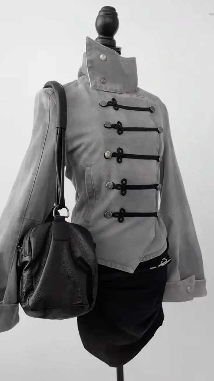 Voguable  Women's Gothic Jacket Retro Washed Canvas Stand Collar Frog Button Y2K Punk Street Coat voguable