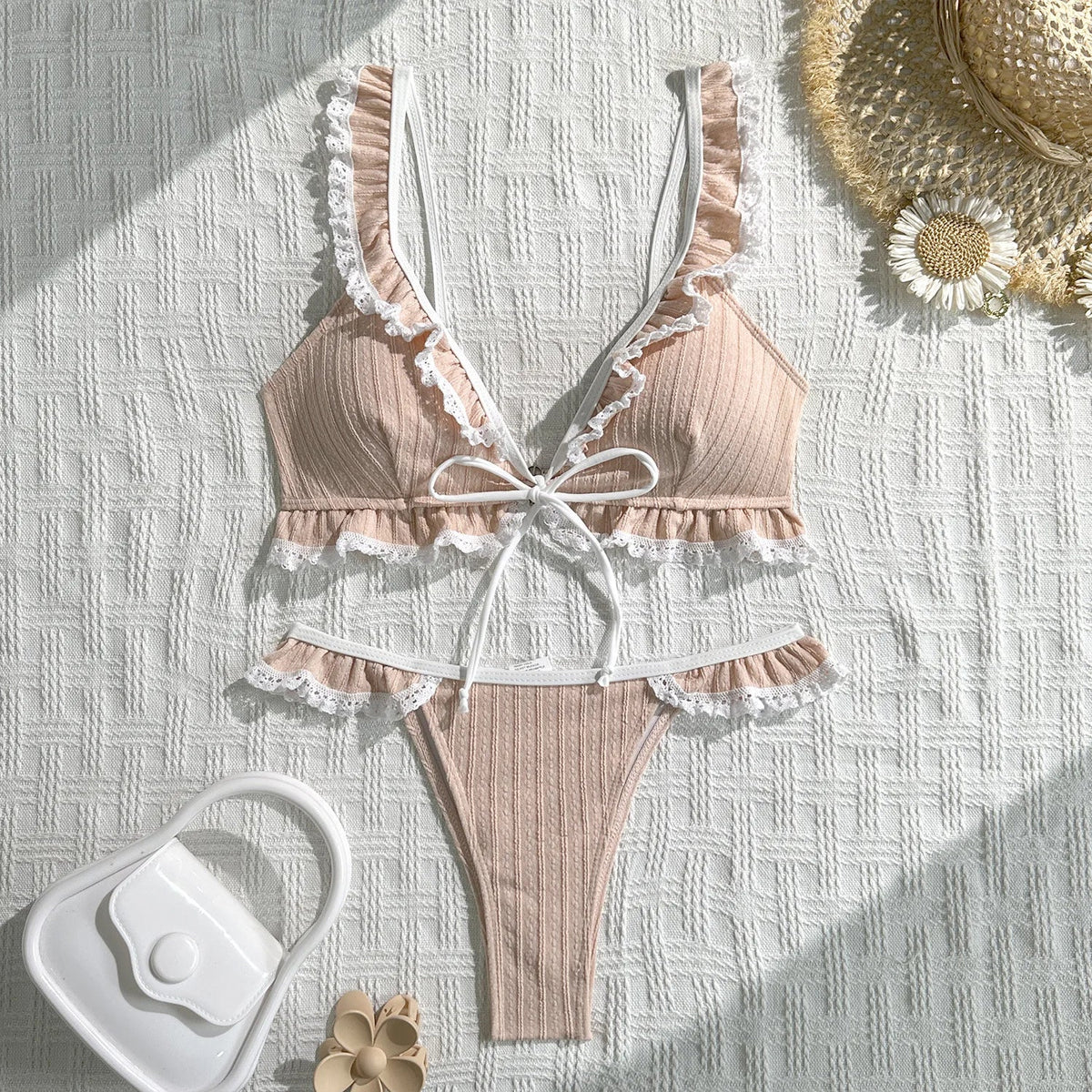 Voguable  Women Solid Ribbed Textured Bikini Set with White Lace Ruffle Trim Lace-up Straps Tie Front 2 Piece Swimwear Outfit Bathing Suit voguable