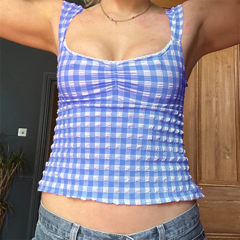 y2k Tops for Women Summer Fairycore Clothing Plaid Print Lace Trim Sleeveless Tanks T Shirts 2000s Clothing Streetwear voguable