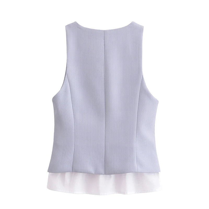 Women Patchwork Striped Temperament Vest Front Button V Neck Sleeveless Waistcoat Spring Summer Chic Tops voguable