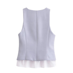 Women Patchwork Striped Temperament Vest Front Button V Neck Sleeveless Waistcoat Spring Summer Chic Tops voguable