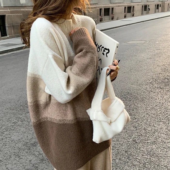 Voguable  Color Blocked Loose Casual Stand Collar Women's Mid To Long Knitted Sweater Autumn Winter New Lazy Style Soft Pullover Lady Tops voguable