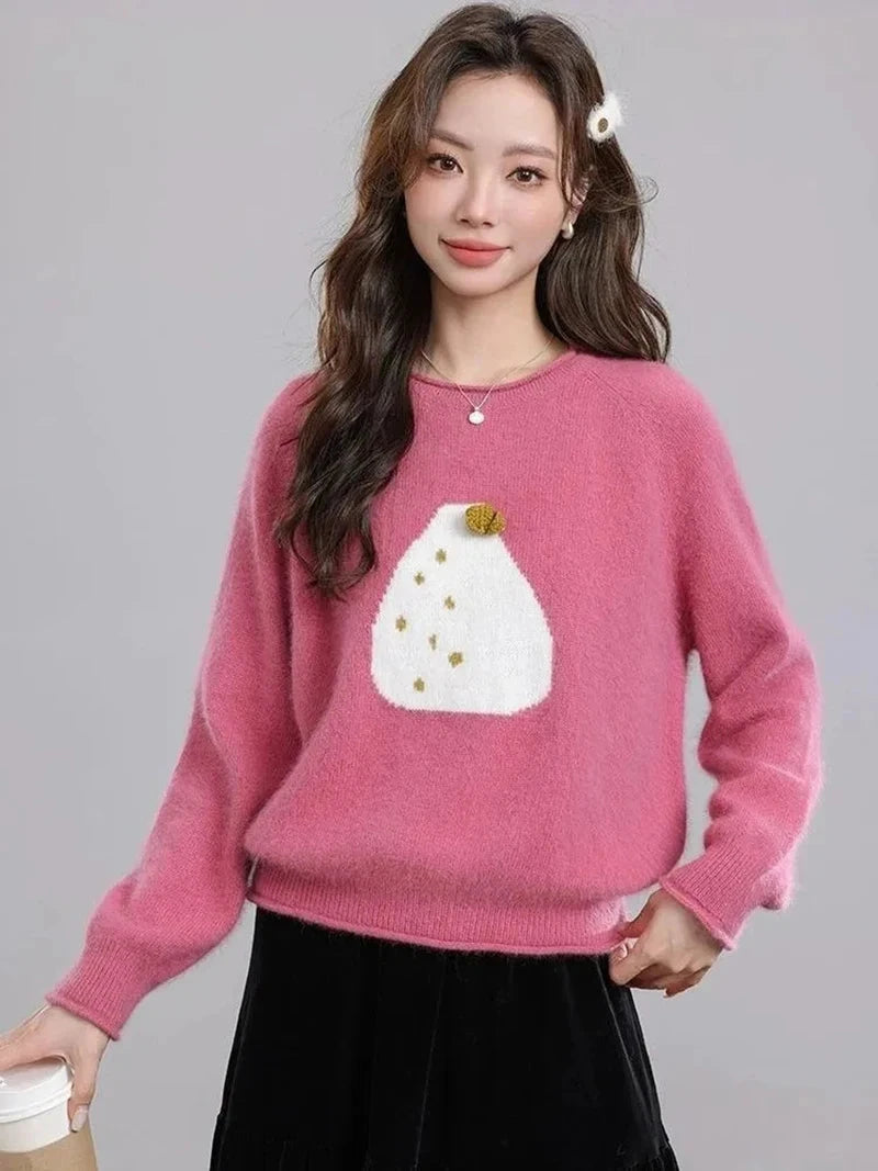 Chic Print Sweet Sweaters Women Casual Preppy Style Cute O Neck Pullover Loose Long Sleeve Fashion Fall Winter Korean Jumper New voguable