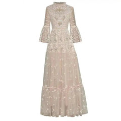 Stand Collar Flared Sleeves Dress 2025 New Sequins Nail Bead Mesh Embroidery Long Dresses Female voguable