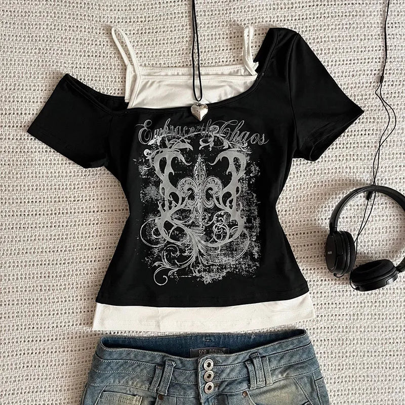 Y2k Slim Fit Print Tops Women Off Shoulder Short Sleeve Tee Shirt Neploe American Vintage Fake Two Piece Halter Lace Up T-shirts voguable