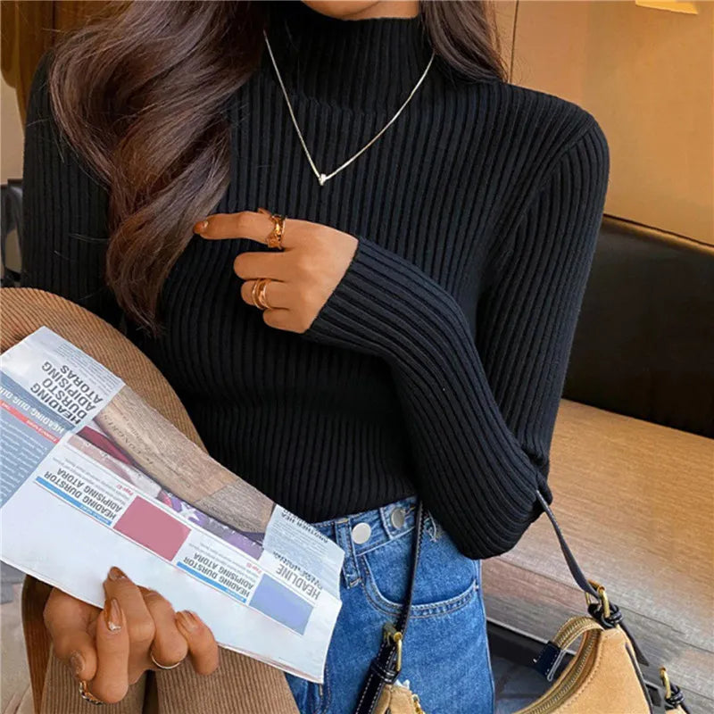 Elegant Solid Basic Knitted Tops Women Turtlneck Sweater Long Sleeve Casual Slim Pullover Korean Fashion Simple Chic Clothes voguable