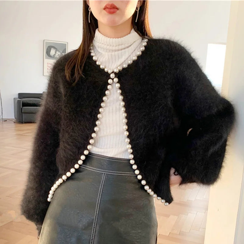 Imitation Mink Soft Women's Cardigan Temperament Pearls Detor Crew Neck Cardigan Woman Autumn Winter Long Sleeve Outwear Lady voguable