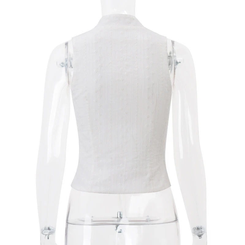 y2k Tank Top Women Summer Clothes White Flower Embroidery Mock Neck Front Cutout Sleeveless T Shirt Vest Streetwear voguable