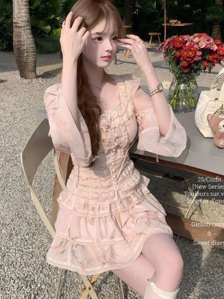 Women Print Lace Two Pieces Sets French Elegant Spliced Ruffles Slim Waist Lace-up O-Neck Top + Cake A-Line Skirt Summer Fashion voguable
