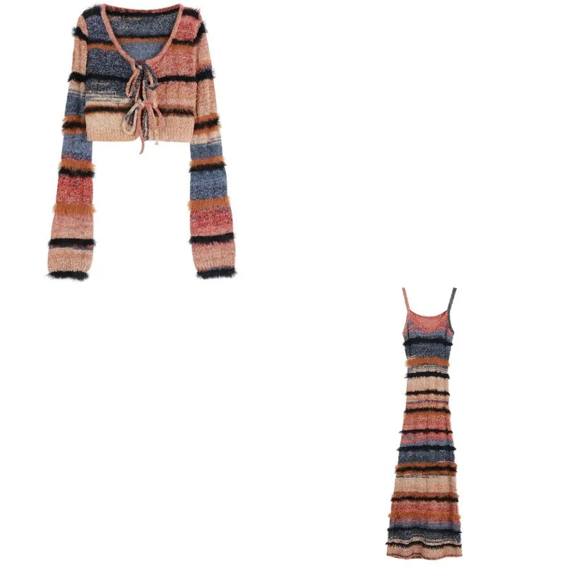 Voguable Autumn New Streetwear Lace Up Sexy Long-sleeved Cardigan Women + Contrast Color Striped Knit Sling Dress Two-piece Suit voguable