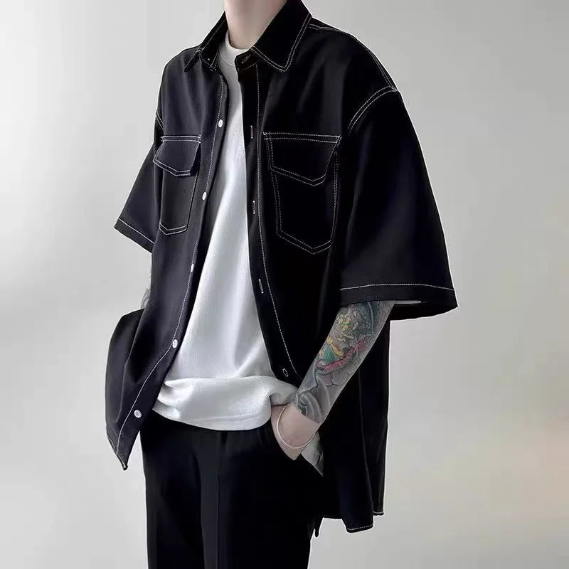 Voguable Summer Short Sleeved Shirt Men Fashion Retro Black White Shirt Men Streetwear Korean Loose Casual Shirt Men Vintage Shirts voguable