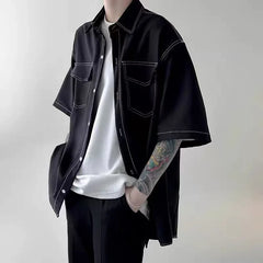 Voguable Summer Short Sleeved Shirt Men Fashion Retro Black White Shirt Men Streetwear Korean Loose Casual Shirt Men Vintage Shirts voguable