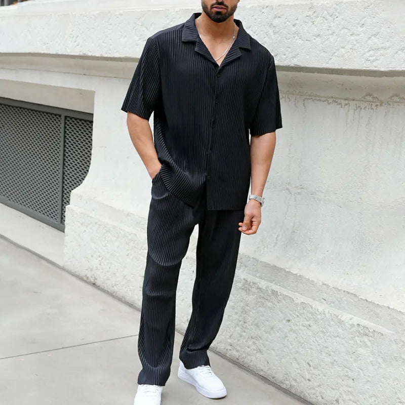 Fashion Mens Loose Two Piece Sets Spring Summer Casual Solid Color Ribbed Shirts And Pants Suits Men Streetwear Vintage Outfits voguable