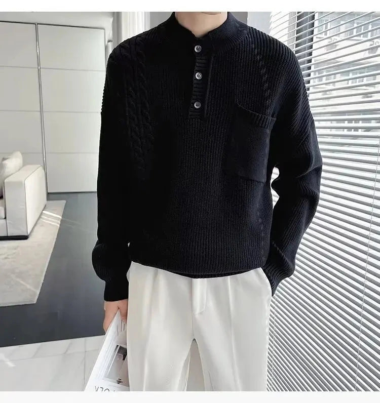 Korean Popular Men's Henry Collar Sweater Light Luxury Knit Long Sleeve Button Pullover Trending Jacquarded Solid Color Knitwear voguable