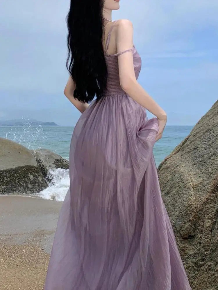 Voguable  Summer Purple Fairy Evening Party Long Dress Women Vintage Sexy Dresses Ladies Spaghetti Strap Tulle Pleated Dress Backless New voguable