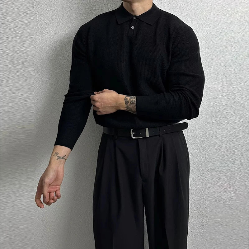 New Korean Fashion Men Polo Sweater Light Luxury Knitted Solid Color Long Sleeve Pullover Premium Quality Skin-friendly Knitwear voguable