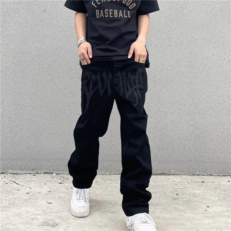 Y2K Black Baggy Jeans Men's New Streetwear American Retro Printed Letter Pants Straight Hip-hop Loose Denim Trousers voguable