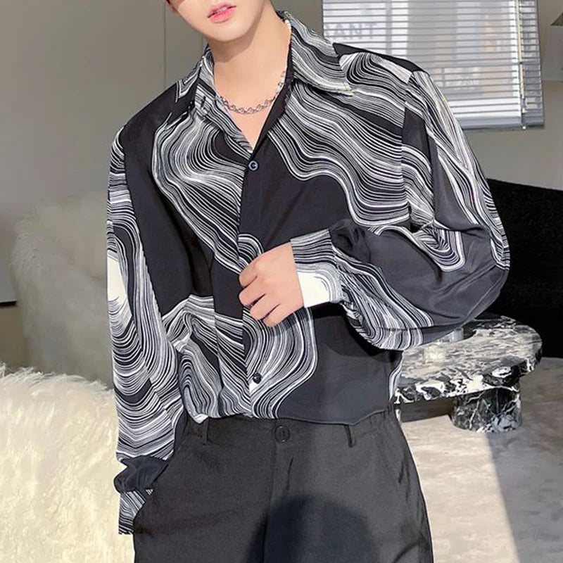 Voguable  Autumn Winter New Fashion Temperament Casual Simple Blouse Man Design Print Geometric Y2K Loose Top Shirt Men Streetwear Clothes voguable