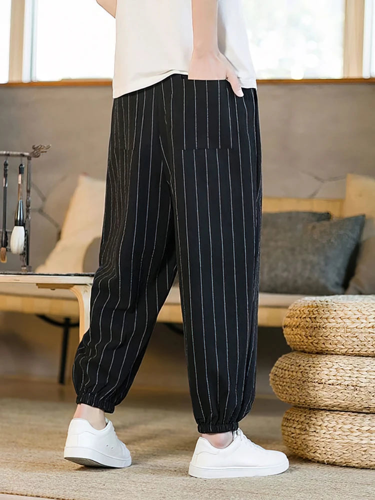 Voguable  Summer Stripe Casual Jogger Pants Men Ice silk Baggy Trousers Male Walking Wide leg Loose Sweatpants Streetwear voguable