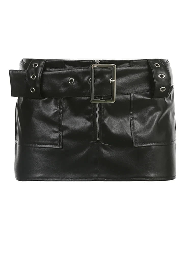 Voguable Vintage Leather Skirts Belt Y2K Women'S Low Waist Mini Skirt Fashion Streetwear PU Straight Skirt 90s Punk Sexy Summer voguable