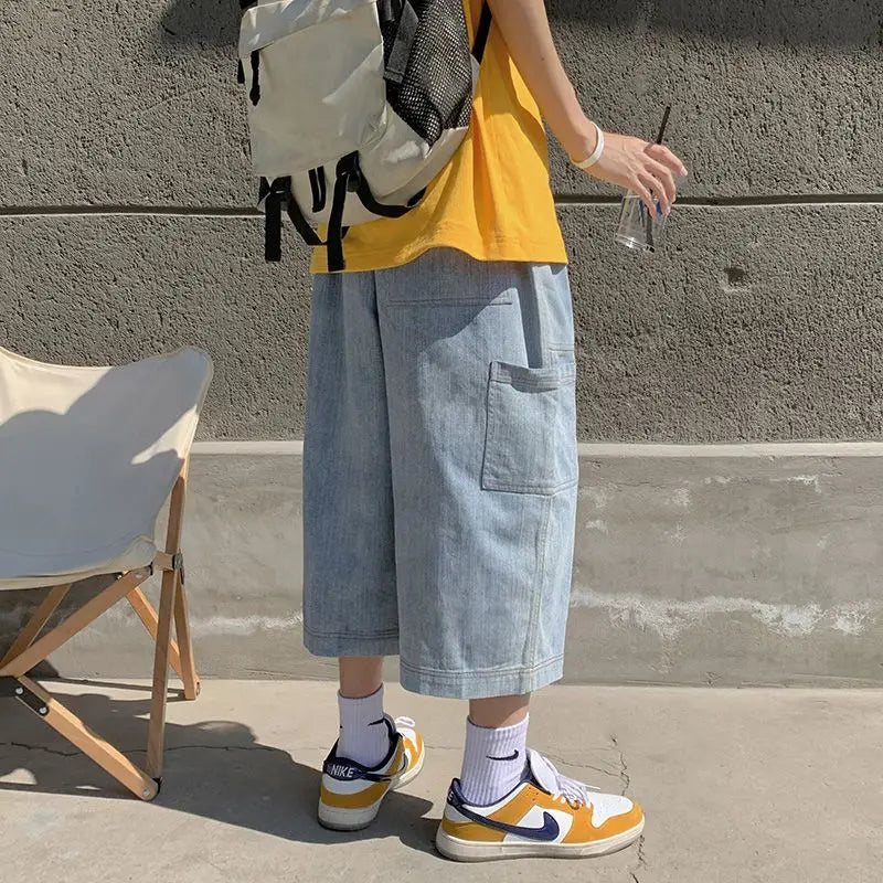 Voguable  Men Loose and Versatile Straight Denim Men's Season Thin Wide-leg Cropped Pants voguable