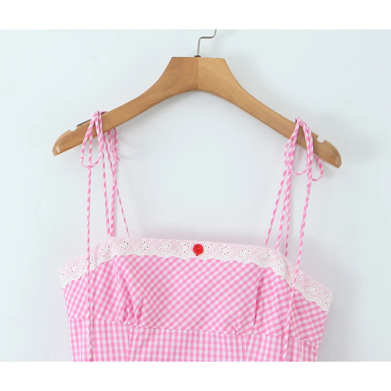 Sexy Spaghetti Straps pink Plaid Mini Dress Women Embroidery Lace Spliced Elegant A-line Summer Dresses Party Robe 2025 voguable