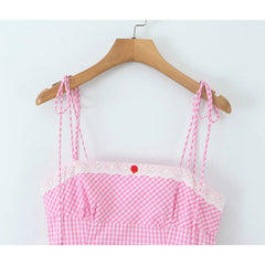 Sexy Spaghetti Straps pink Plaid Mini Dress Women Embroidery Lace Spliced Elegant A-line Summer Dresses Party Robe 2025 voguable