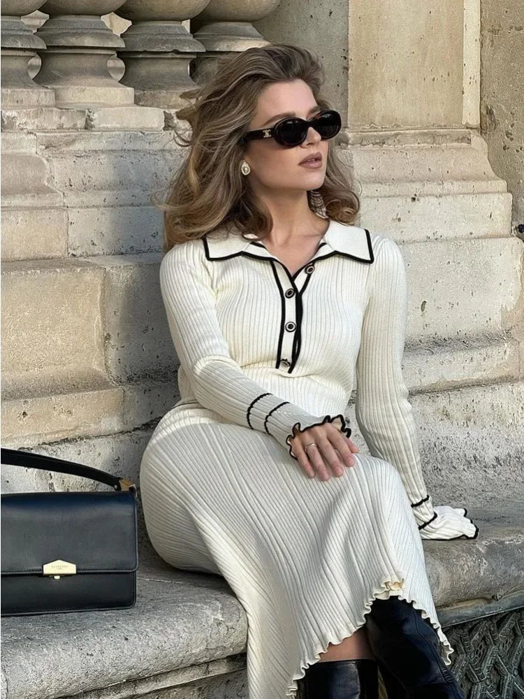 TARUXY Knitted Mini Dress Women Autumn Winter Ruffled Rib High Waist Elegant Dresses Womens Long Sleeve Banquet Dress For Woman voguable