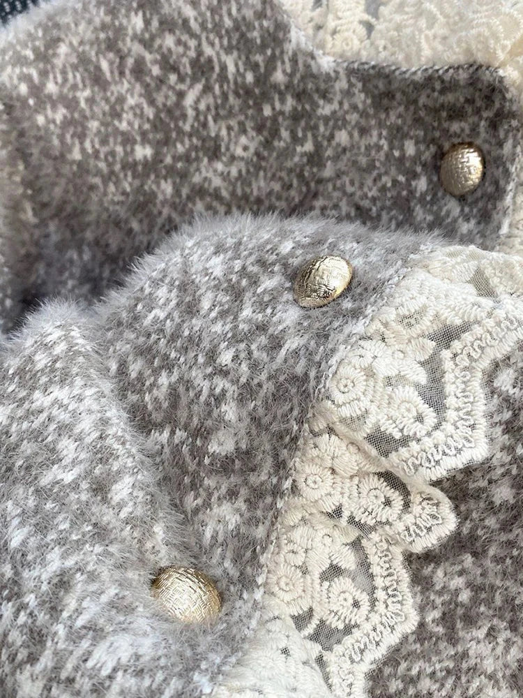 Faux Mink Cashmere Gray Cardigan Women Lace Patchwork Long Sleeve Elegant Knitted Sweaters Vintage Korean Casual Pockets Tops voguable