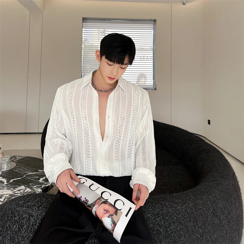 Voguable 2024 Korean Splicing Translucent Design Long Sleeve Shirt Men's Niche Stylish Elegant Temperament Street Male Tops voguable