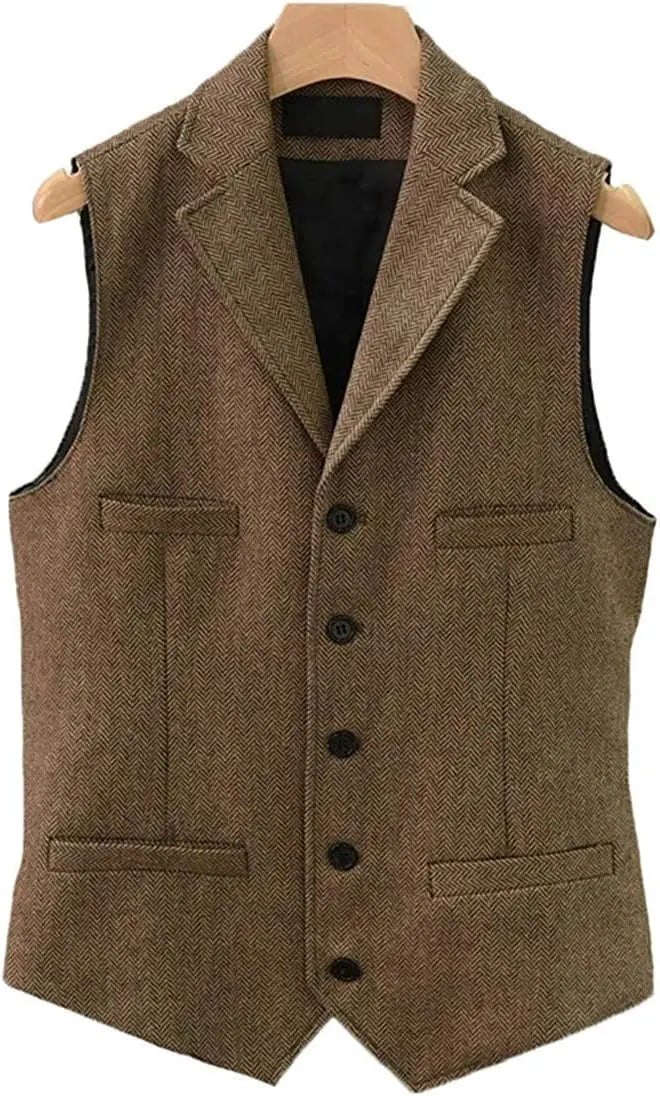 Tweed Herringbone Mens Suit Vest Slim Fit Notch Lapel With 4 Pockets Groomsmen Wedding Waistcoat For Wedding voguable