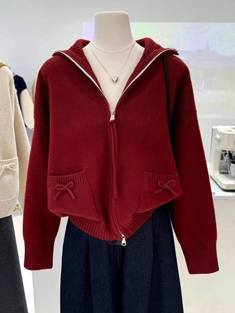 Korean Bow Cardigan Women Lazy Wind Double Zipper Long Sleeve Knitted Jacket Vintage Sweet Casual Preppy Style Tops Coat voguable